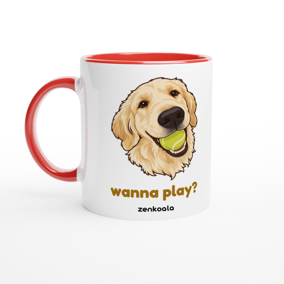 Wanna Play? mug in red: white with a red rim, inside and handle, Zen Koala Australia