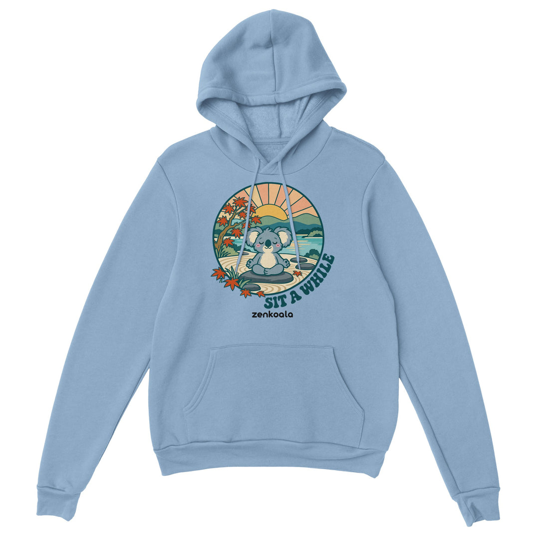 Sit a While feel-good hoodie in light blue, Zen Koala Australia