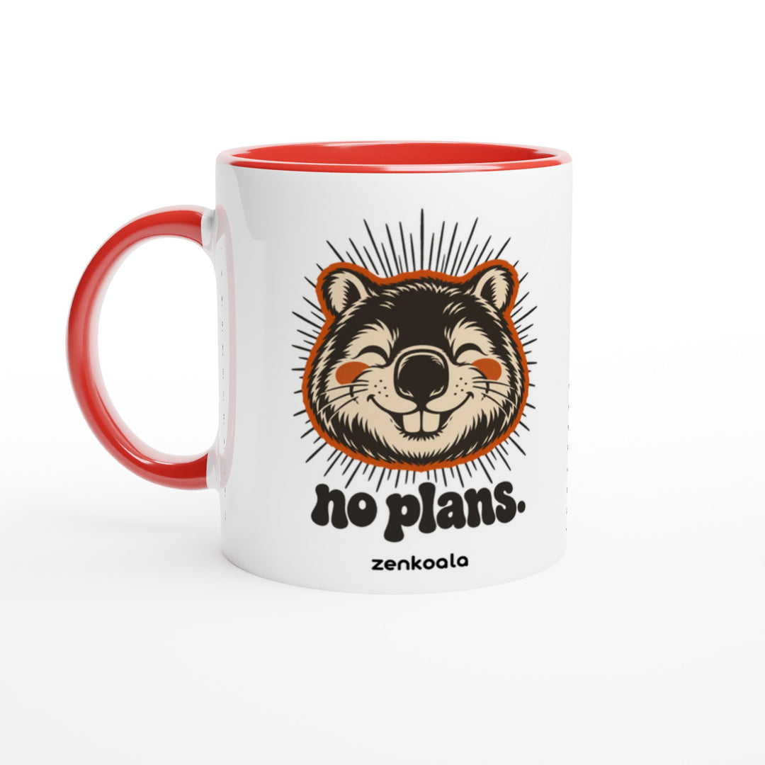 No Plans mug in red: white with a red rim, inside and handle, Zen Koala Australia