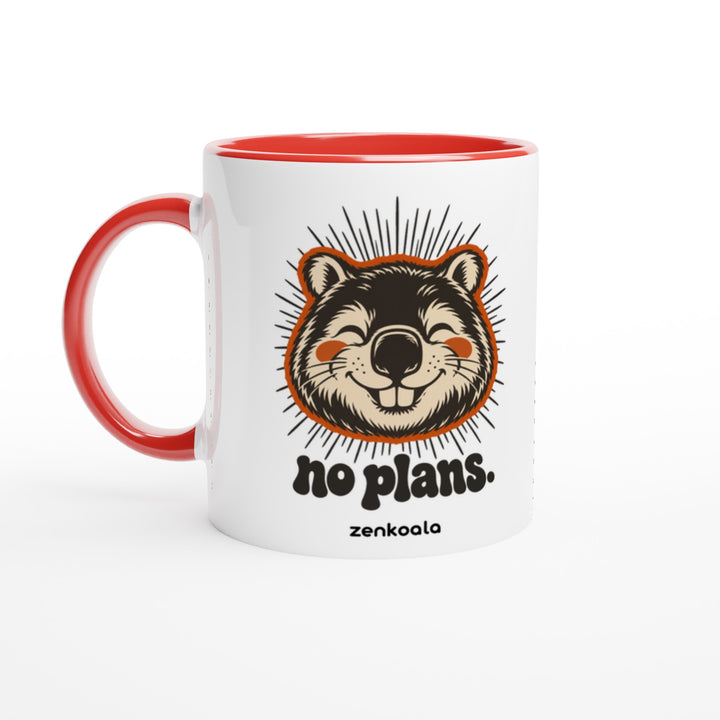 No Plans mug in red: white with a red rim, inside and handle, Zen Koala Australia