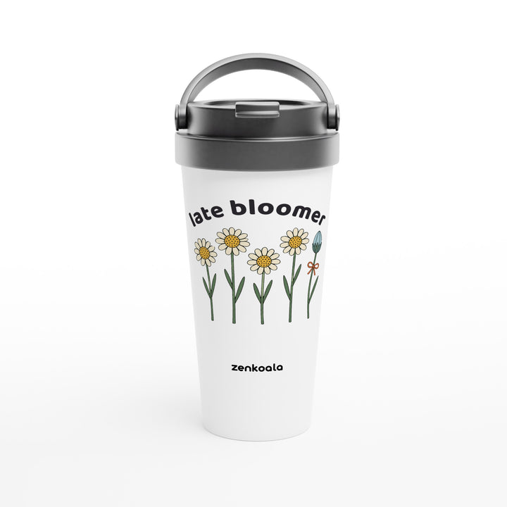 Late Bloomer feel-good travel mug: four daisies and one bud taking its time, Zen Koala Australia