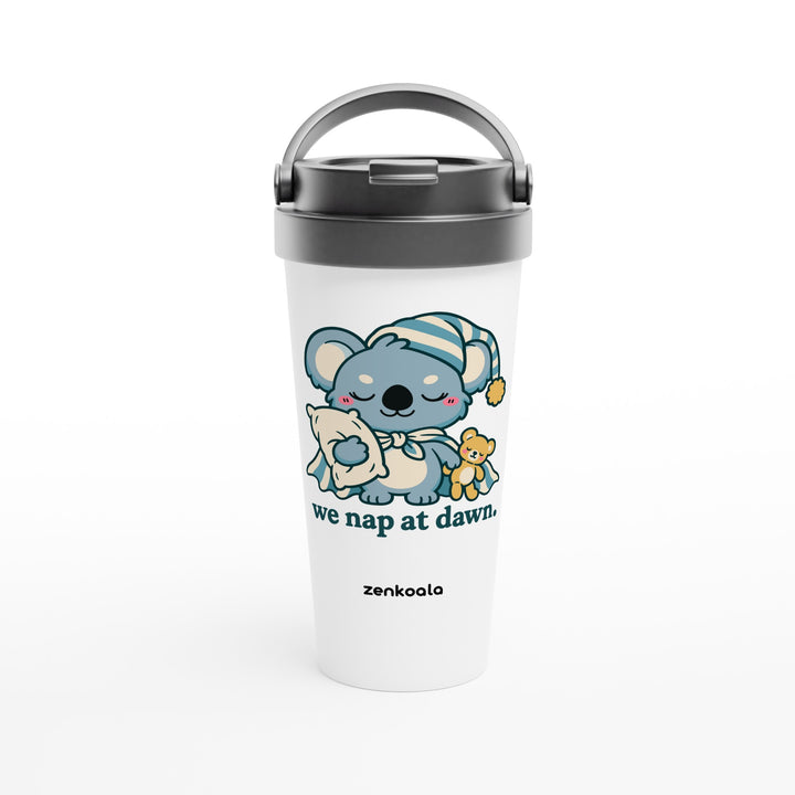 We Nap at Dawn feel-good travel mug: a koala ready for a nap, Zen Koala Australia