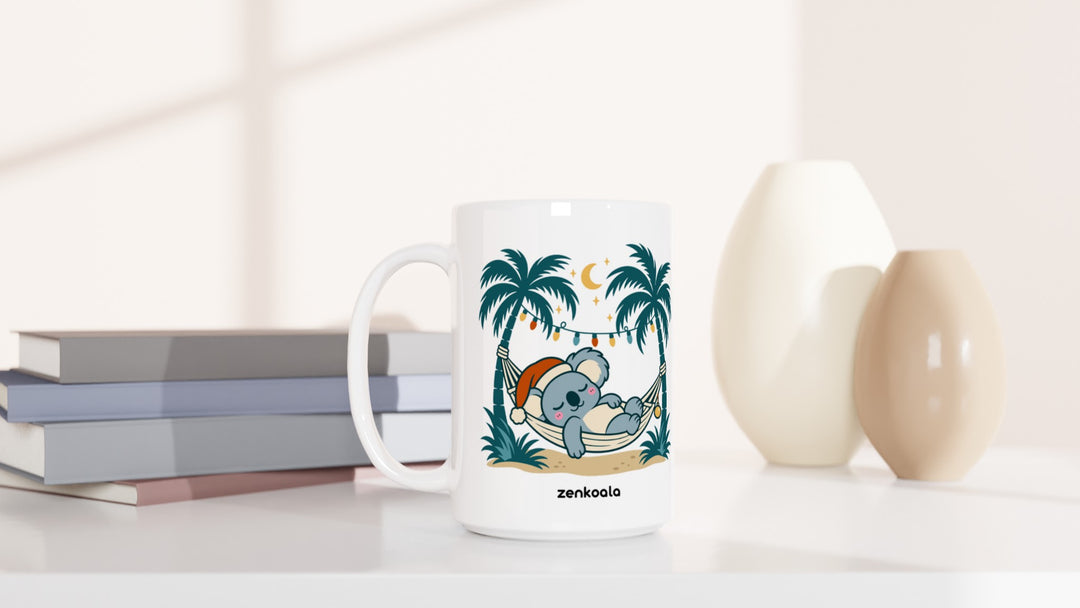 Koala Santa Hammock 15oz mug beside books and vases, Zen Koala Australia