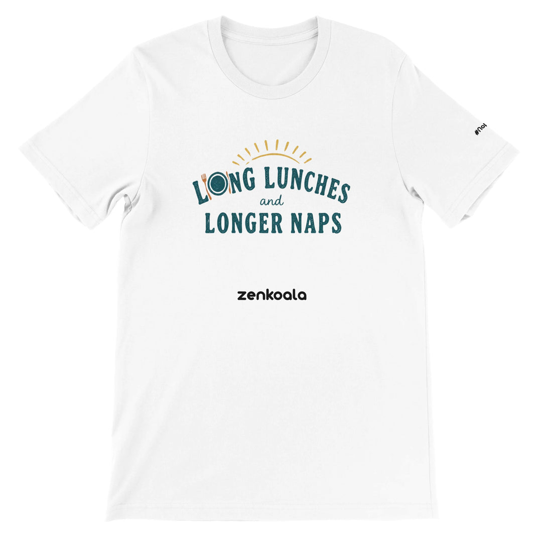 Long Lunches and Longer Naps feel-good tee in white — sunny retro type with a knife-and-fork O, Zen Koala Australia