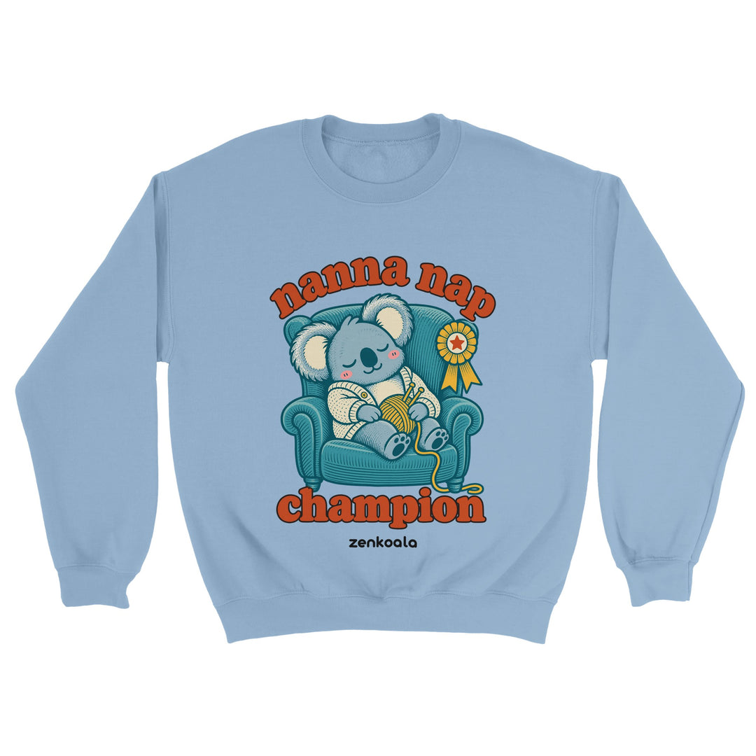 Nanna Nap Champion feel-good sweatshirt in light blue, Zen Koala Australia