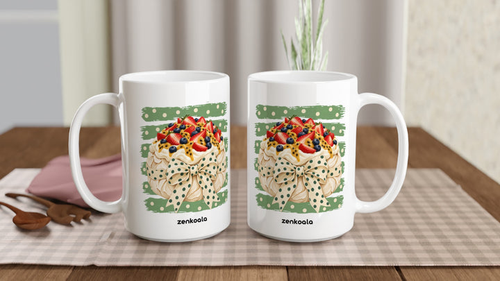 Two Pavlova 15oz mugs on a table, showing both sides of the design, Zen Koala Australia