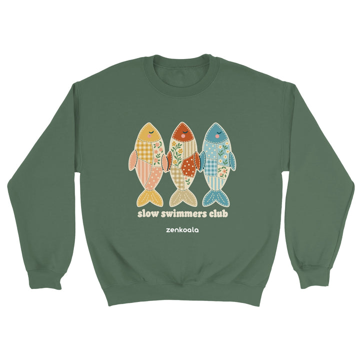 Slow Swimmers Club feel-good sweatshirt in military green: three sleepy faux patchwork fish, Zen Koala Australia