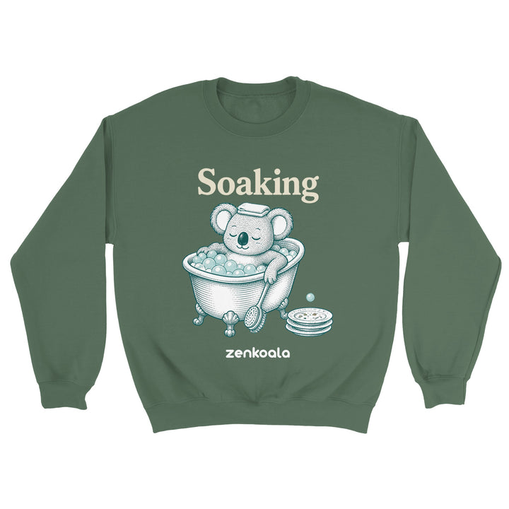 Soaking Koala Bath feel-good sweatshirt in military green — Zen Koala Australia