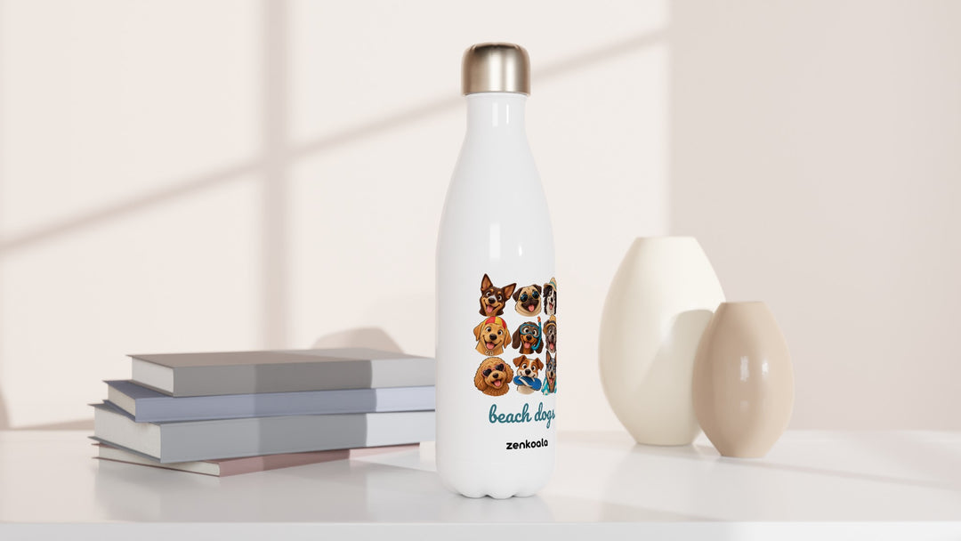Beach Dogs water bottle beside books and vases, Zen Koala Australia