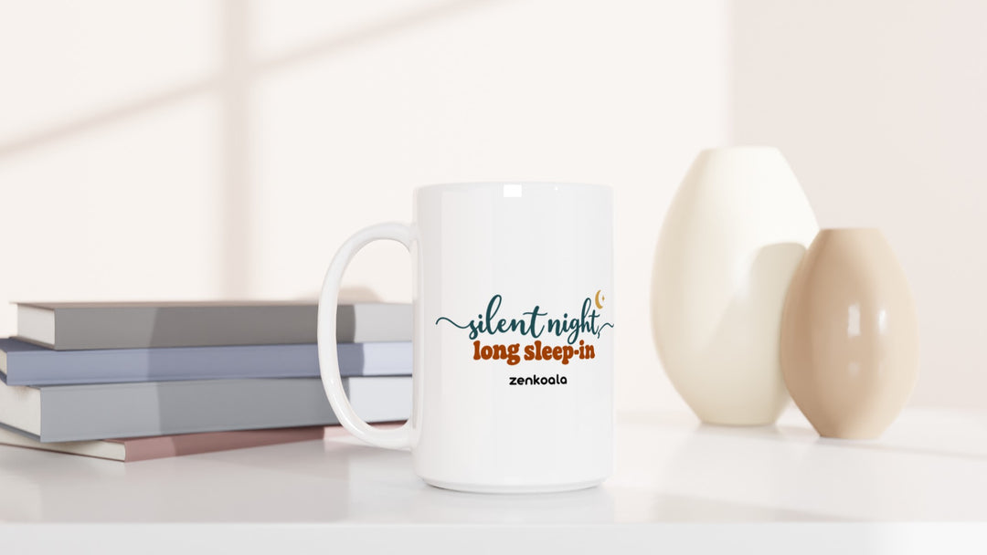 Silent Night Long Sleep-In 15oz mug beside books and vases, Zen Koala Australia
