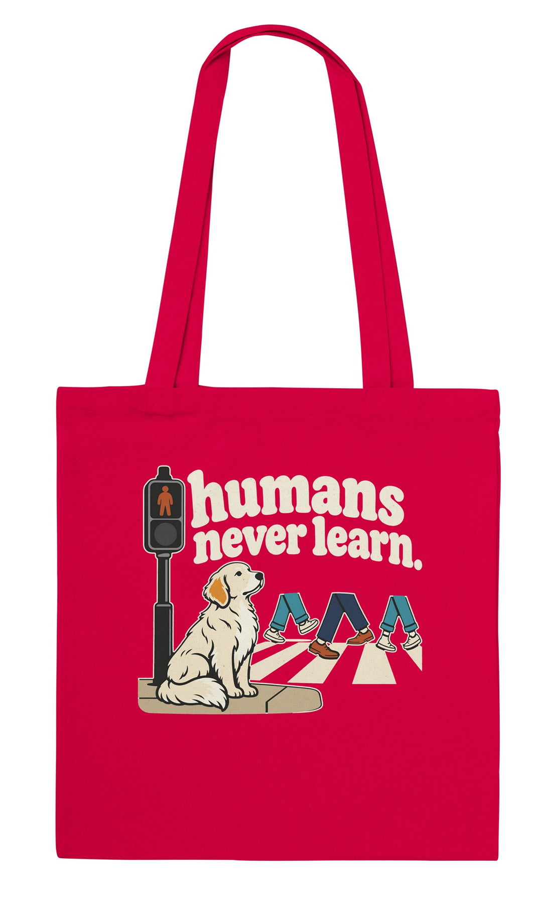 Humans Never Learn feel-good tote bag in red, Zen Koala Australia