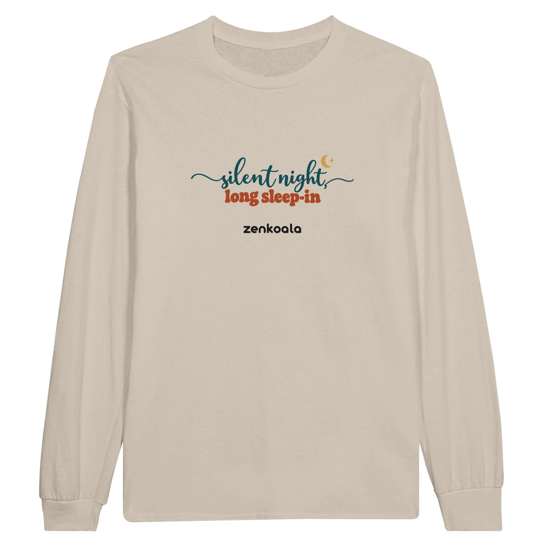 Silent Night Long Sleep-In feel-good long sleeve tee in sand: flowing script under a little moon, Zen Koala Australia