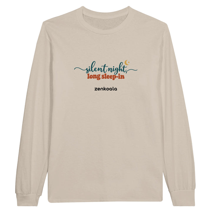 Silent Night Long Sleep-In feel-good long sleeve tee in sand: flowing script under a little moon, Zen Koala Australia