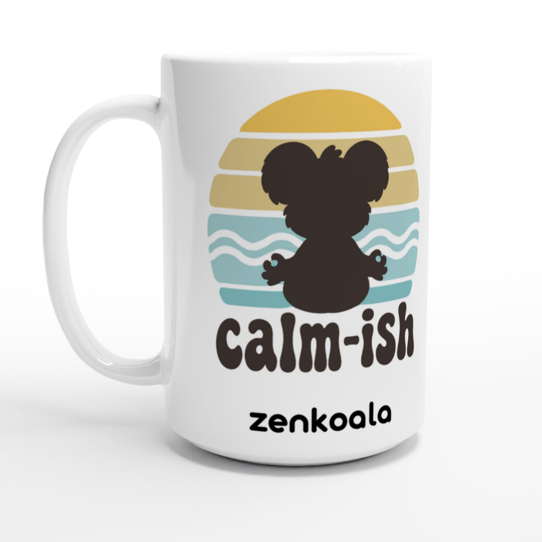 Calm-ish Retro Sunset Koala feel-good 15oz mug: a meditating koala silhouette and a retro sunset, Zen Koala Australia