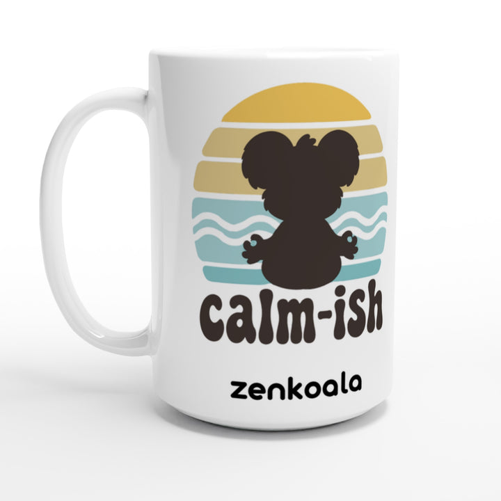 Calm-ish Retro Sunset Koala feel-good 15oz mug: a meditating koala silhouette and a retro sunset, Zen Koala Australia