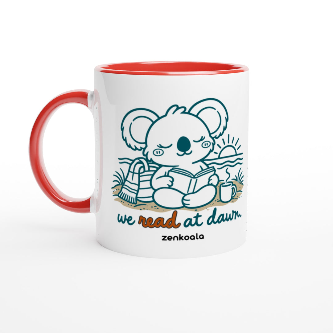 We Read at Dawn mug in red: white with a red rim, inside and handle, Zen Koala Australia