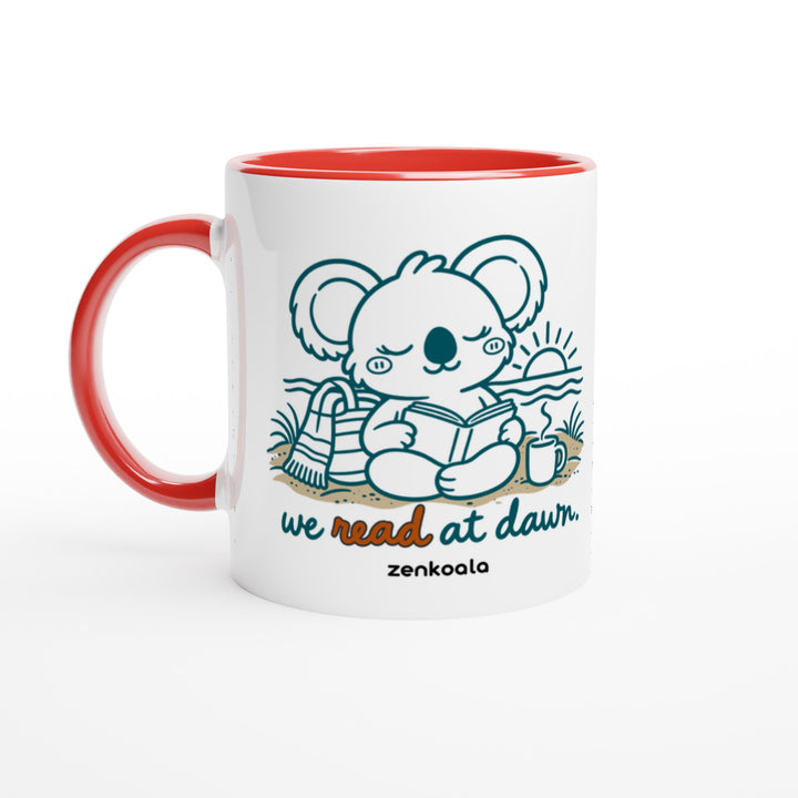 We Read at Dawn mug in red: white with a red rim, inside and handle, Zen Koala Australia