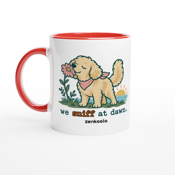 We Sniff at Dawn mug in red: white with a red rim, inside and handle, Zen Koala Australia