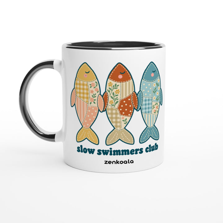Slow Swimmers Club mug in black: white with a black rim, inside and handle, Zen Koala Australia