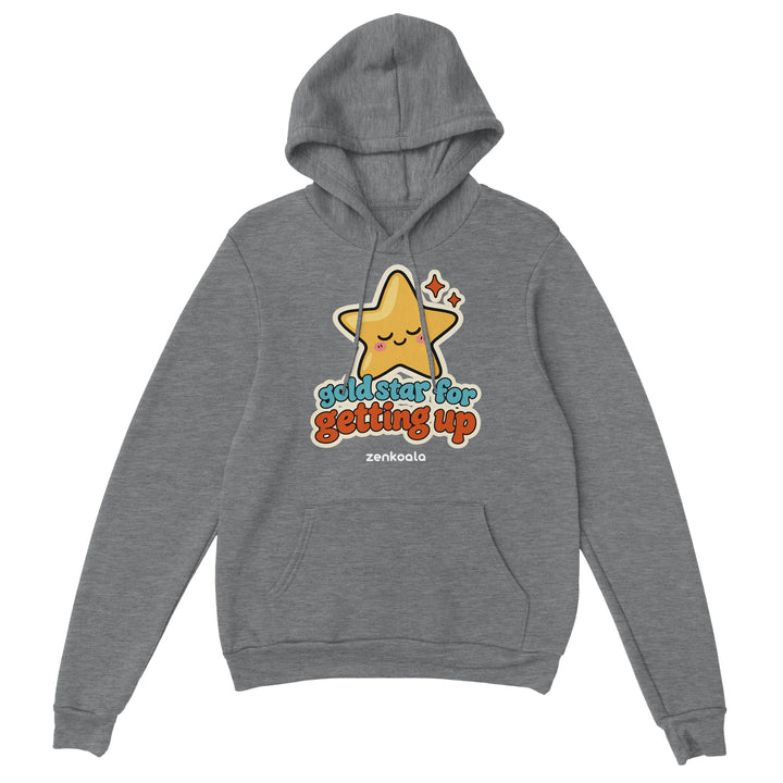 Gold Star for Getting Up feel-good hoodie in sport grey: a sleepy gold star sticker, Zen Koala Australia