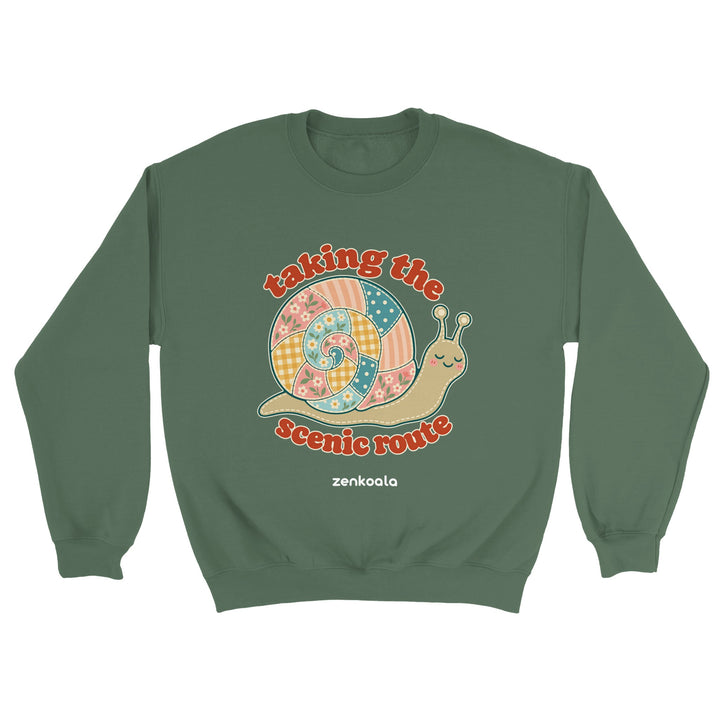 Taking the Scenic Route Snail feel-good sweatshirt in military green, Zen Koala Australia