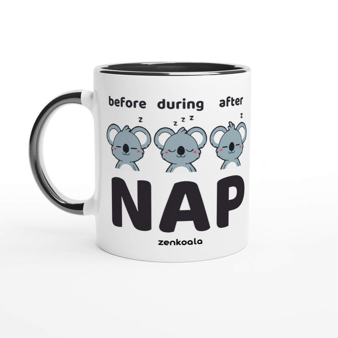Before Nap Nap After Nap Koala feel-good mug: three koalas before, during and after a nap, Zen Koala Australia