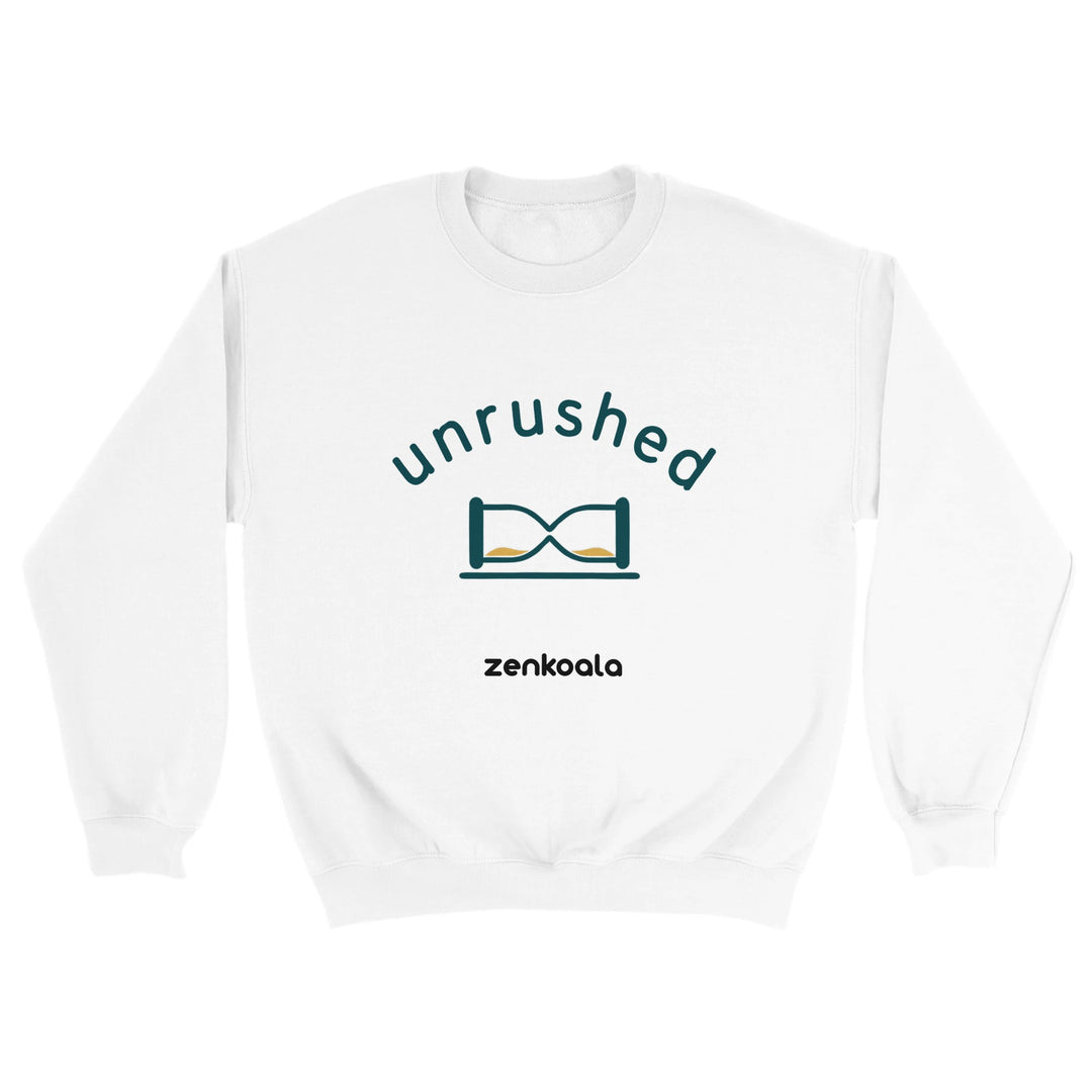 Unrushed feel-good sweatshirt in white — a minimalist hourglass tipped on its side, Zen Koala Australia