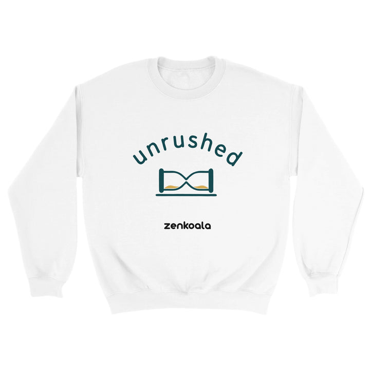 Unrushed feel-good sweatshirt in white — a minimalist hourglass tipped on its side, Zen Koala Australia