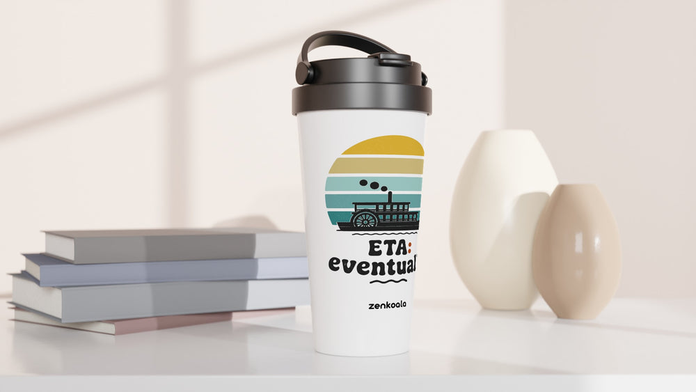 ETA Eventually travel mug beside books and vases, Zen Koala Australia
