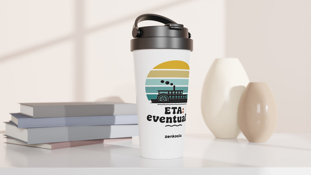 ETA Eventually travel mug beside books and vases, Zen Koala Australia