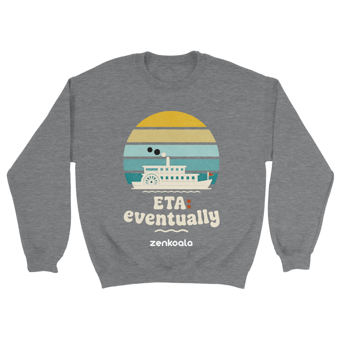 ETA Eventually feel-good sweatshirt in sport grey — a retro sunset paddle steamer in no rush, Zen Koala Australia