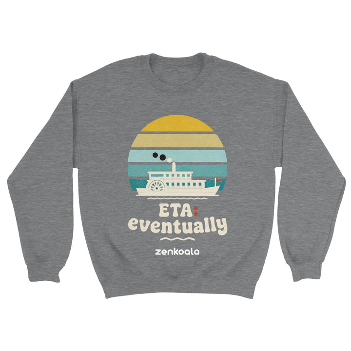 ETA Eventually feel-good sweatshirt in sport grey — a retro sunset paddle steamer in no rush, Zen Koala Australia
