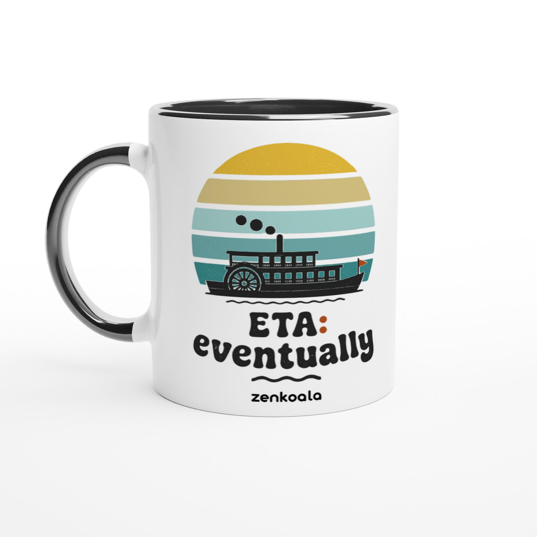 ETA Eventually feel-good mug: a paddle steamer under a retro sunset, Zen Koala Australia