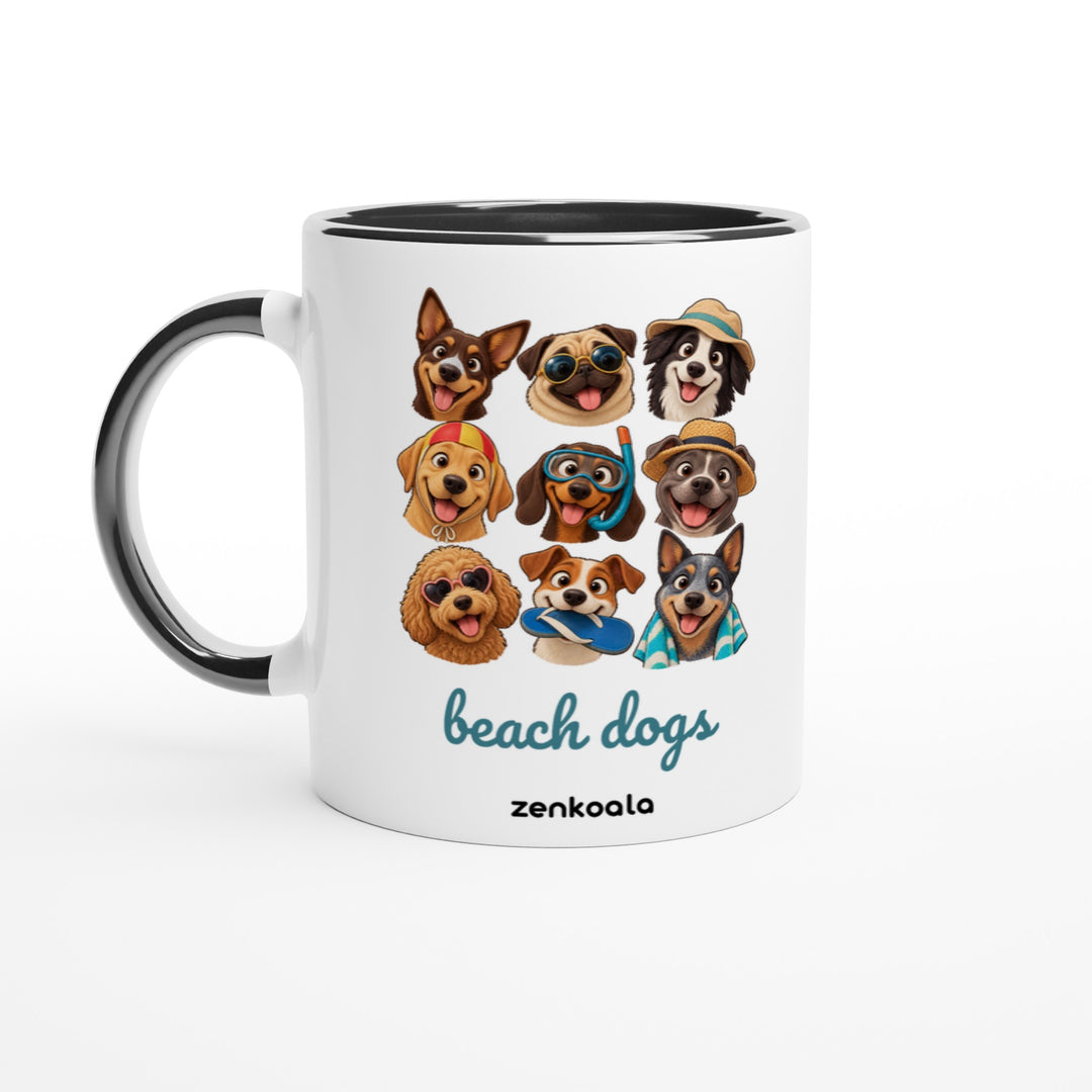 Beach Dogs mug in black: white with a black rim, inside and handle, Zen Koala Australia