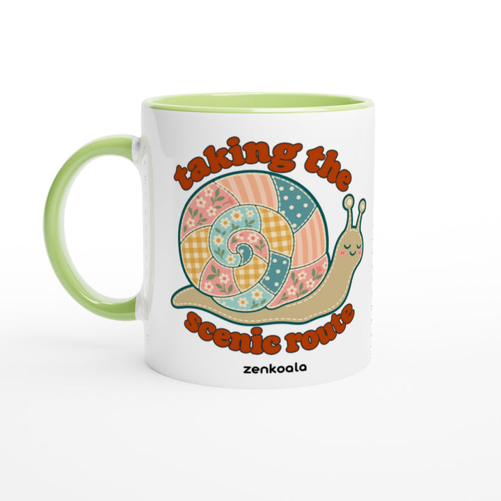 Taking the Scenic Route Snail mug in green: white with a green rim, inside and handle, Zen Koala Australia