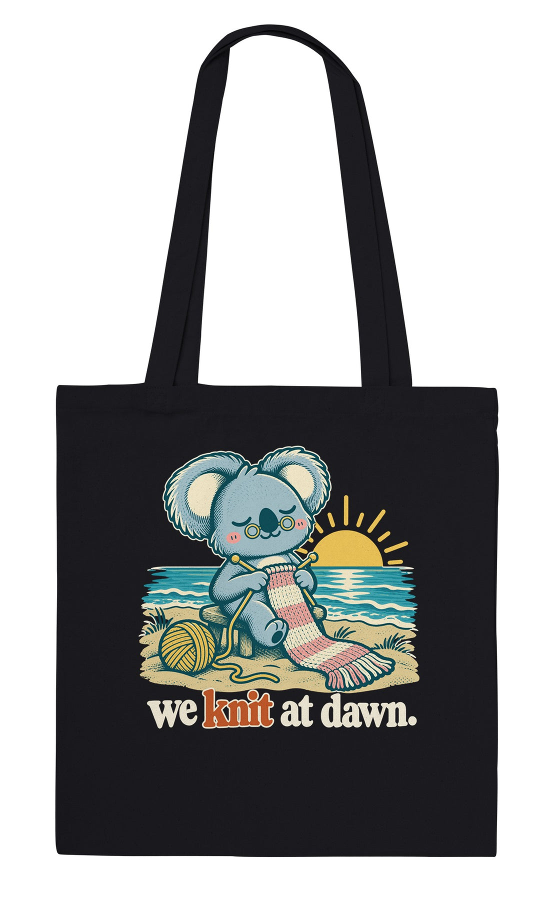 We Knit at Dawn feel-good tote bag in black, Zen Koala Australia