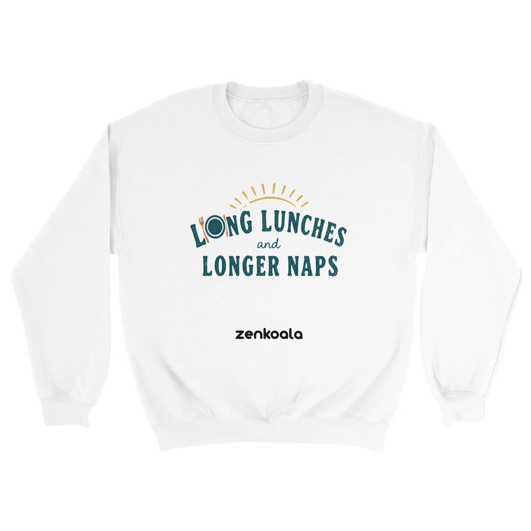 Long Lunches and Longer Naps feel-good sweatshirt in white — sunny retro type with a knife-and-fork O, Zen Koala Australia