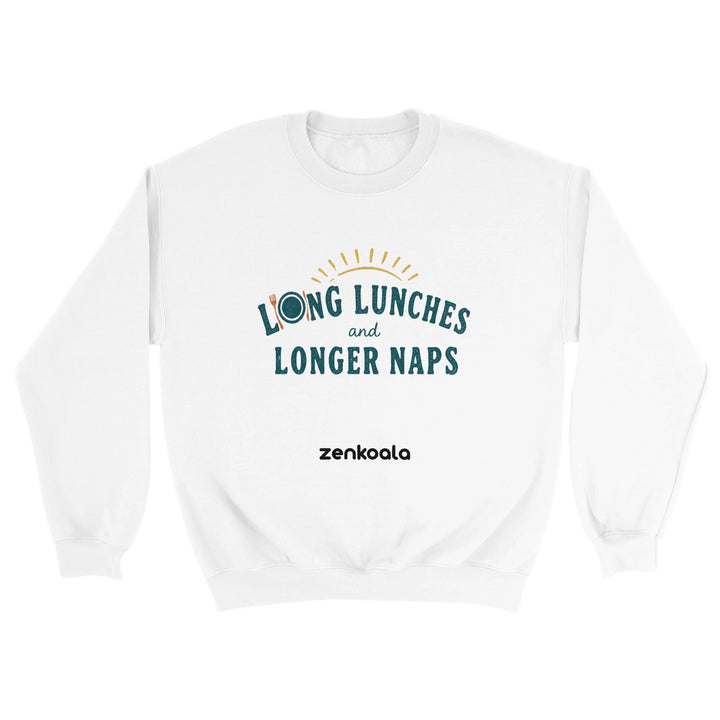 Long Lunches and Longer Naps feel-good sweatshirt in white — sunny retro type with a knife-and-fork O, Zen Koala Australia