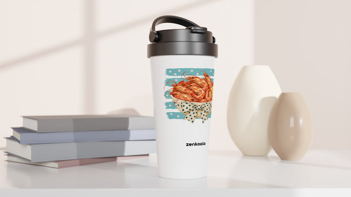 Prawns travel mug beside books and vases, Zen Koala Australia