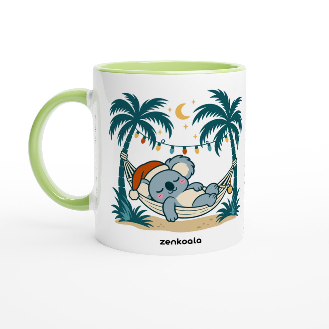 Koala Santa Hammock feel-good mug: a koala in a Santa hat dozing in a hammock, Zen Koala Australia