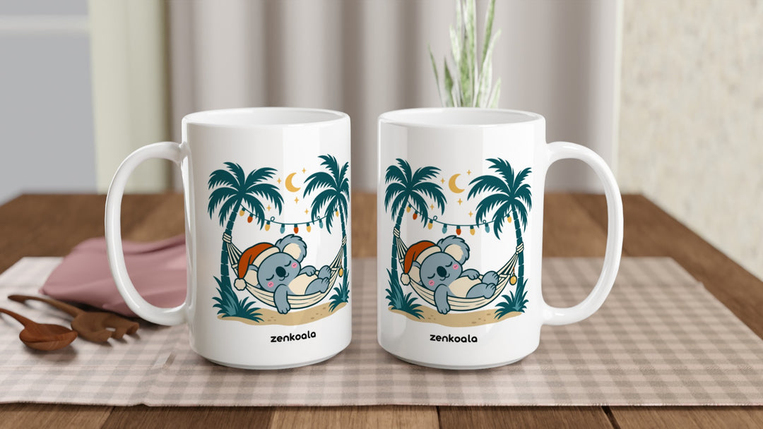 Two Koala Santa Hammock 15oz mugs on a table, showing both sides of the design, Zen Koala Australia