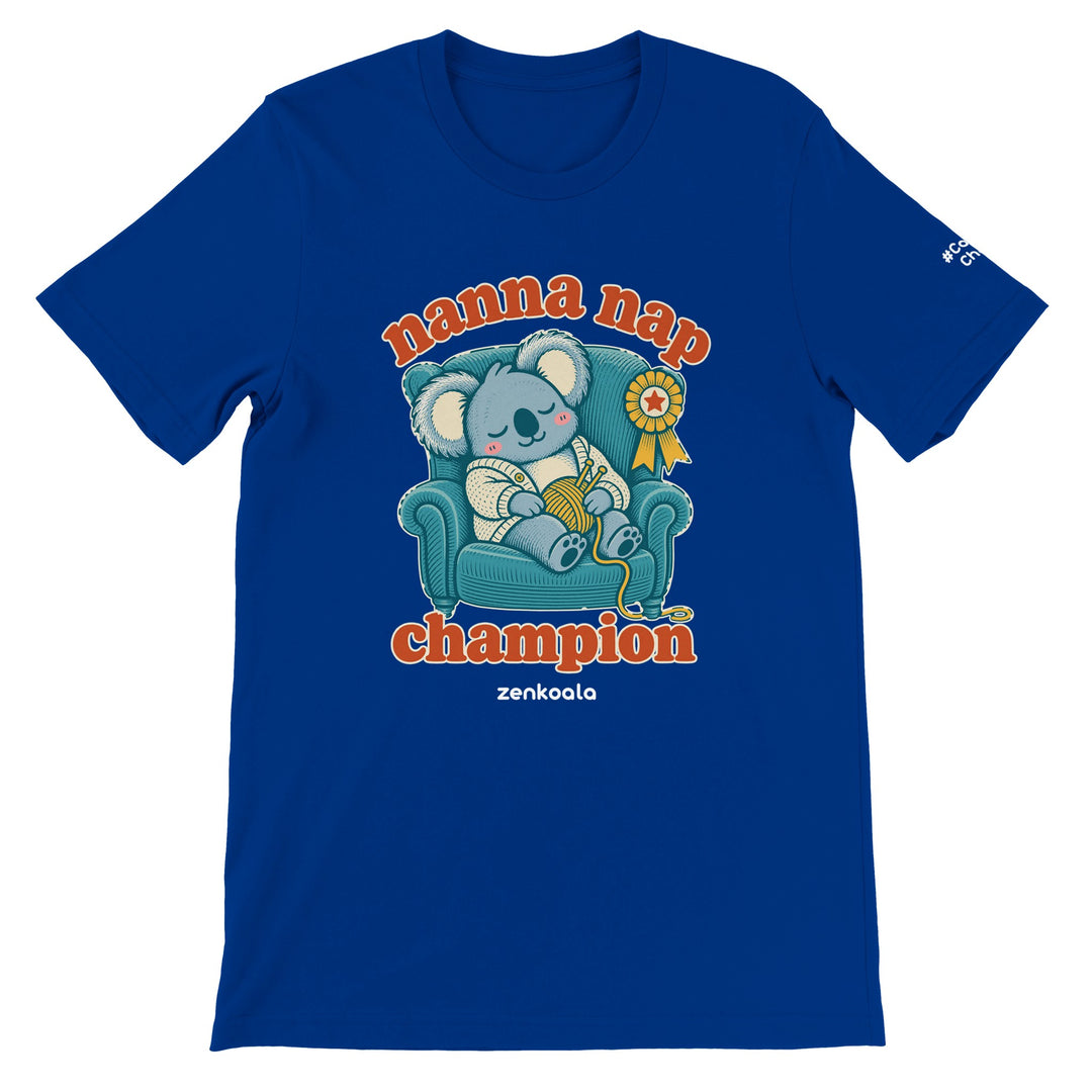 Nanna Nap Champion feel-good tee in true royal, Zen Koala Australia