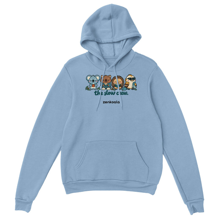 The Slow Crew feel-good hoodie in light blue: four Aussie animals in a row, Zen Koala Australia