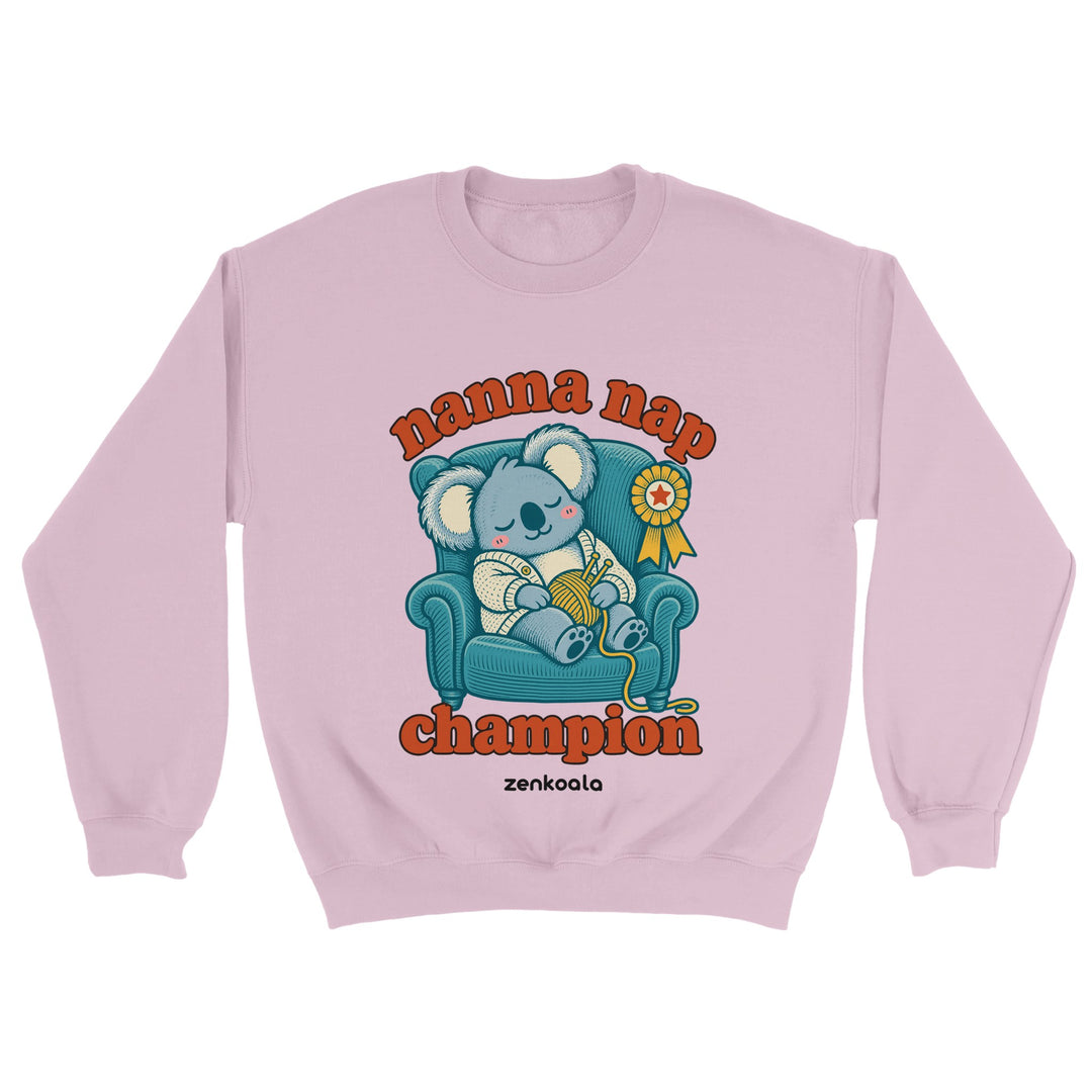Nanna Nap Champion feel-good sweatshirt in light pink, Zen Koala Australia