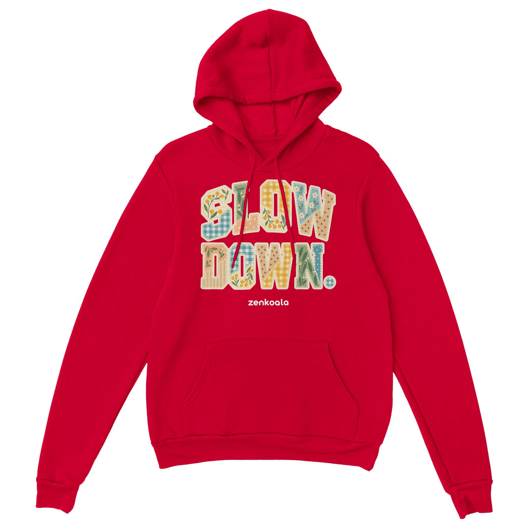 Slow Down Faux Patchwork feel-good hoodie in red, Zen Koala Australia