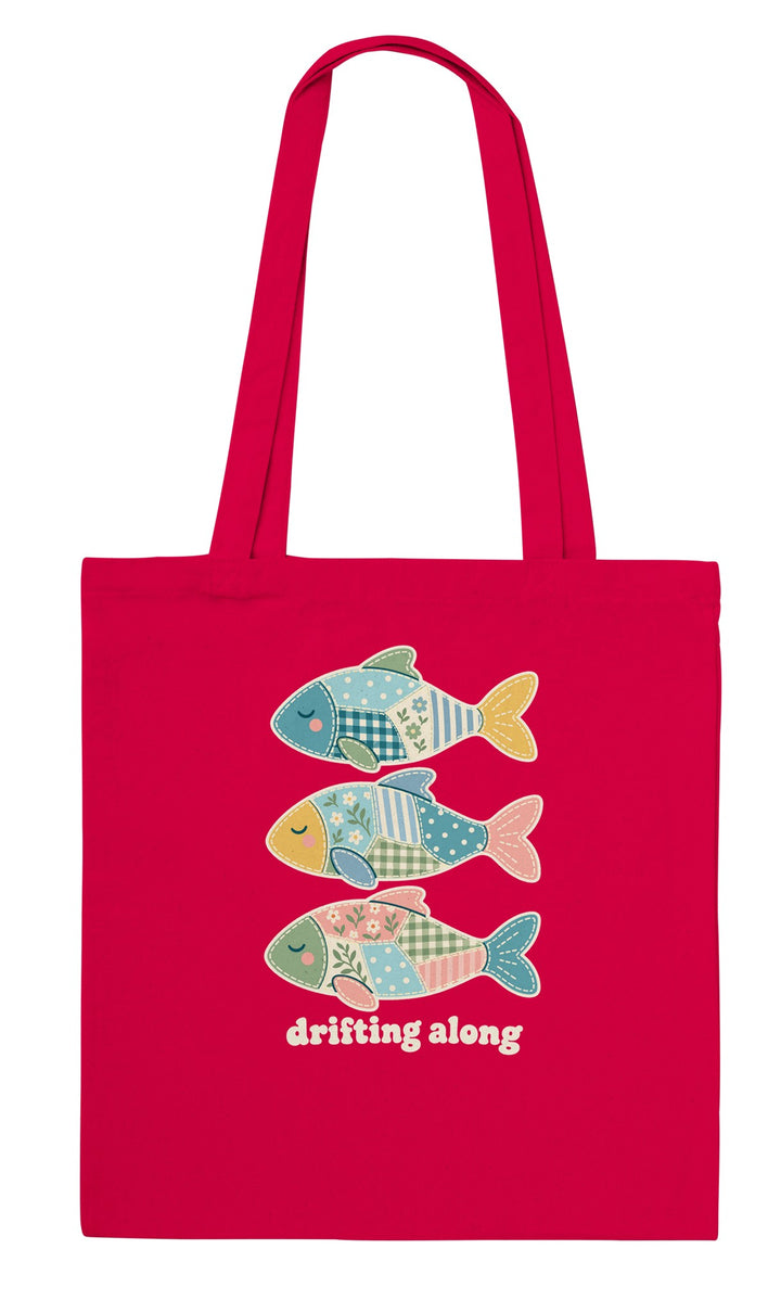 Drifting Along Fish feel-good tote bag in red: three faux patchwork fish drifting in a line, Zen Koala Australia