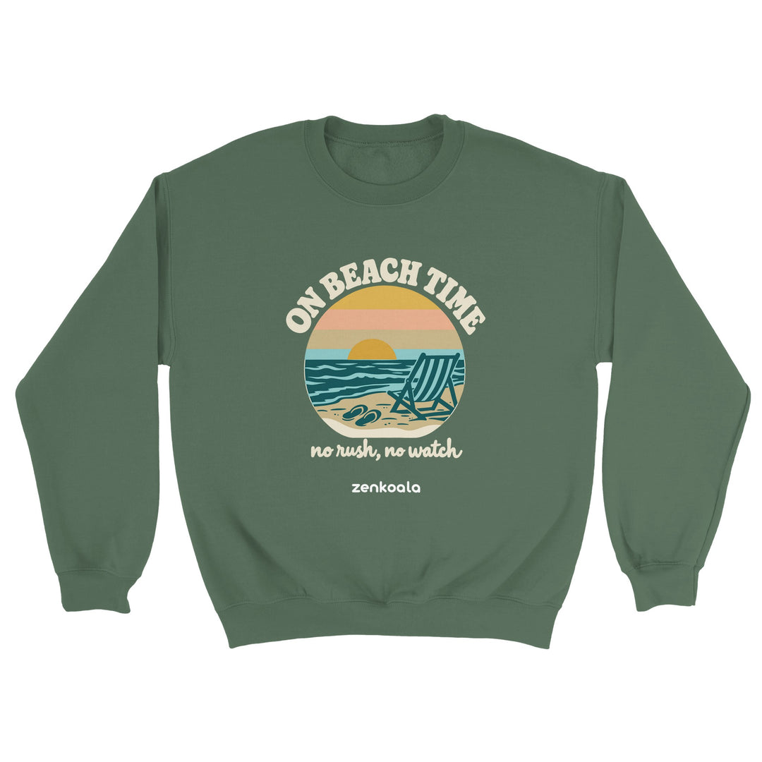 On Beach Time feel-good sweatshirt in military green: a retro sunset beach with a deckchair, Zen Koala Australia
