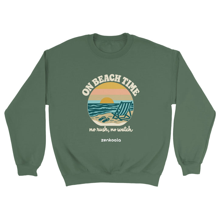 On Beach Time feel-good sweatshirt in military green: a retro sunset beach with a deckchair, Zen Koala Australia