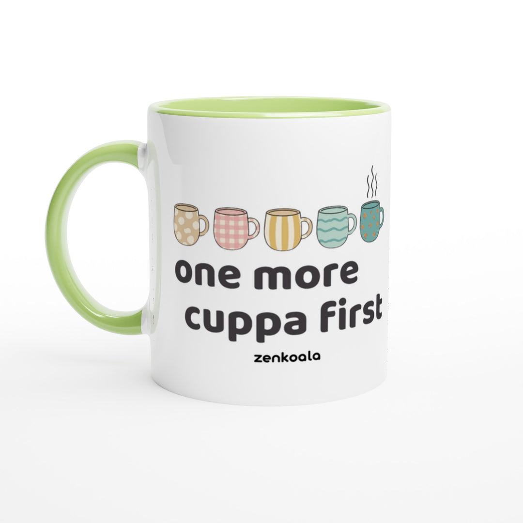 One More Cuppa First feel-good mug: a row of patterned cuppas, one still steaming, Zen Koala Australia