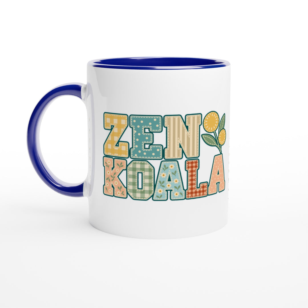 Zen Koala Faux Patchwork mug in blue: white with a blue rim, inside and handle, Zen Koala Australia
